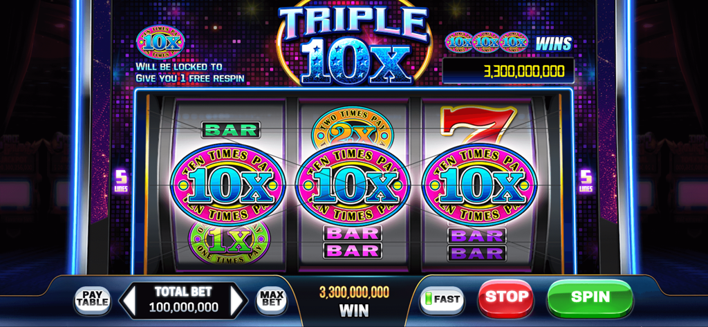 Play Las Vegas - Casino Slots - Triple 10x slot machine jackpot screen in the Play Las Vegas mobile game