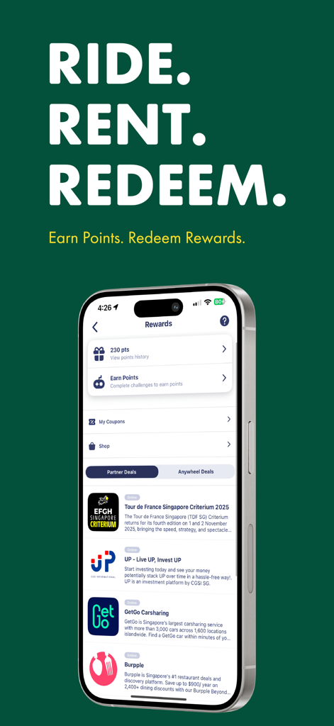 Anywheel app rewards screen showing earned points and partner deals