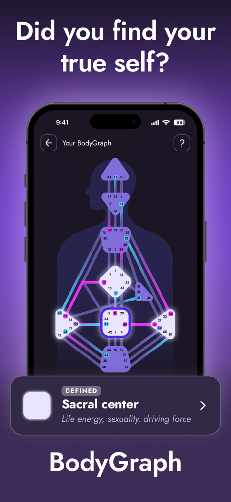 Human Design Stella app screen displaying a personalized BodyGraph chart and Sacral center details