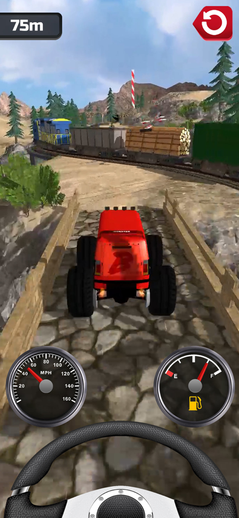 Gameplay of Plane Chase featuring a red car driving on a bridge towards a train
