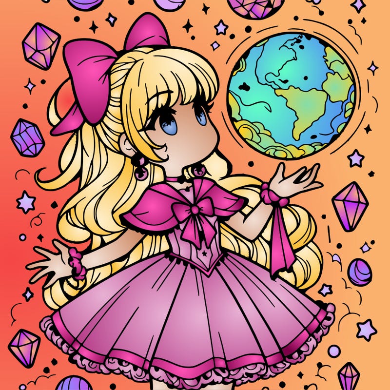 magical girl with floating orb in hand  crystals everywhere.