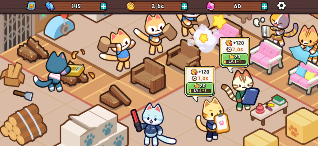 Kitty Cat Tycoon - Animated cats building furniture and managing a workshop in Kitty Cat Tycoon