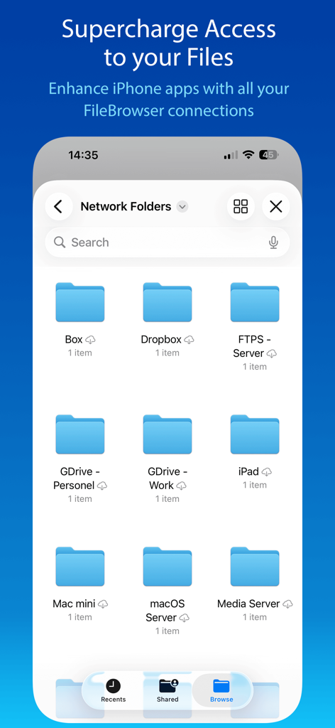 FileBrowser: Documents Manager - Interfaz de la aplicación FileBrowser que muestra varias carpetas de almacenamiento en red y en la nube en un iPhone.