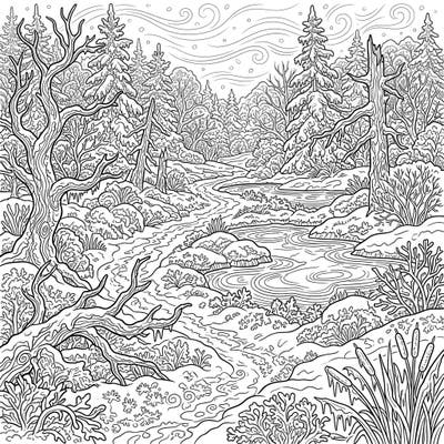 Step into a breathtaking winter peat bog with this unique adult coloring page. Its intricate details capture the serene beauty of a frosted landscape, offering hours of relaxing creativity.