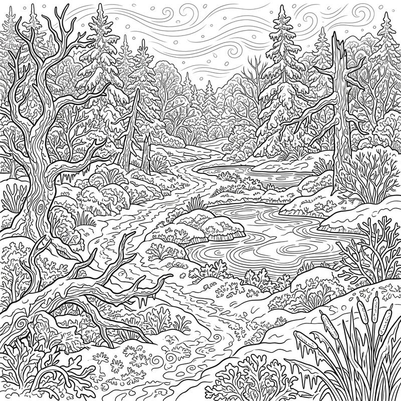 Step into a breathtaking winter peat bog with this unique adult coloring page. Its intricate details capture the serene beauty of a frosted landscape, offering hours of relaxing creativity.