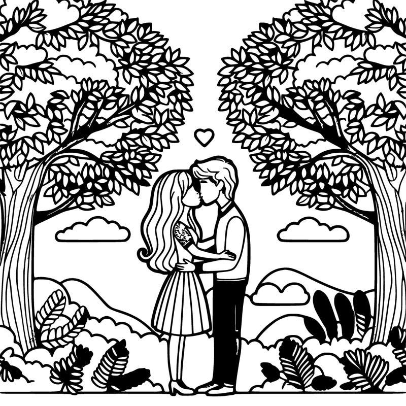 woman and man kissing under big trees