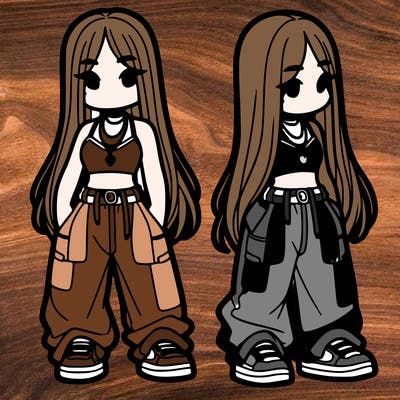 girl in baggy pants crop top and long hair