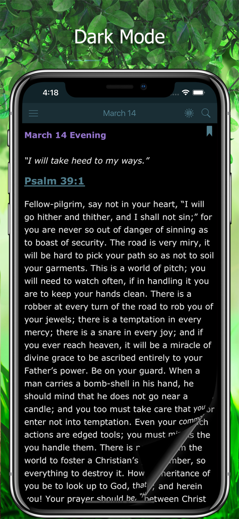 Morning and Evening Devotion app showing a daily scripture in dark mode