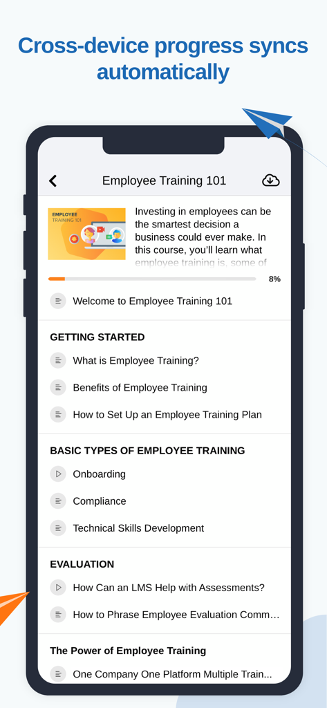 Interface do aplicativo TalentLMS mostrando o currículo de um curso de treinamento de funcionários com sincronização automática de progresso