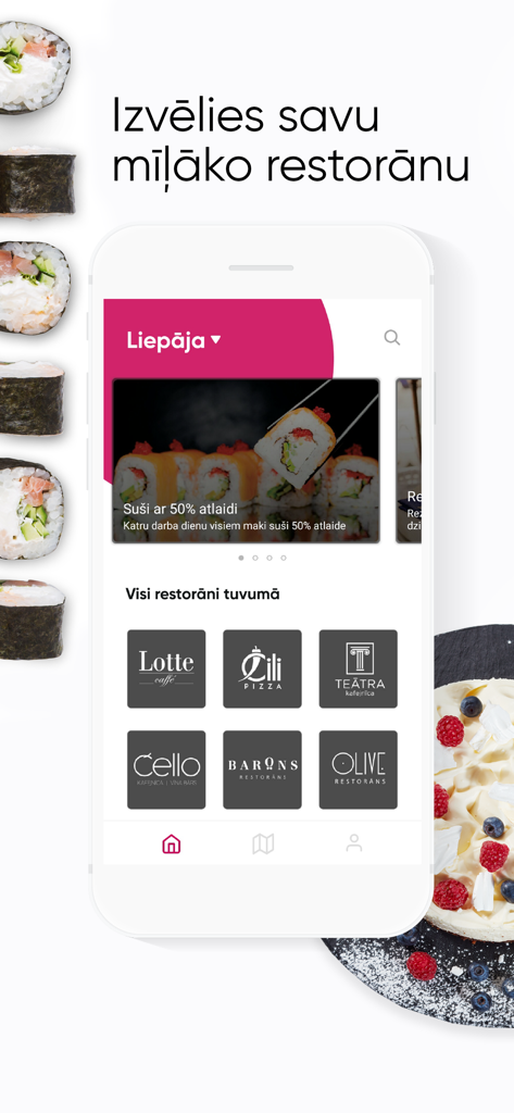 TiamoFood mobile app home screen showing a list of restaurants and a sushi promotion