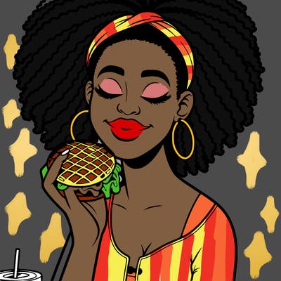 an african american woman eating a waffle burger realistic