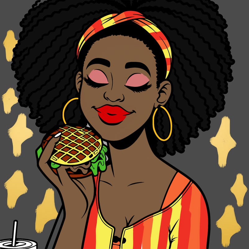 an african american woman eating a waffle burger realistic