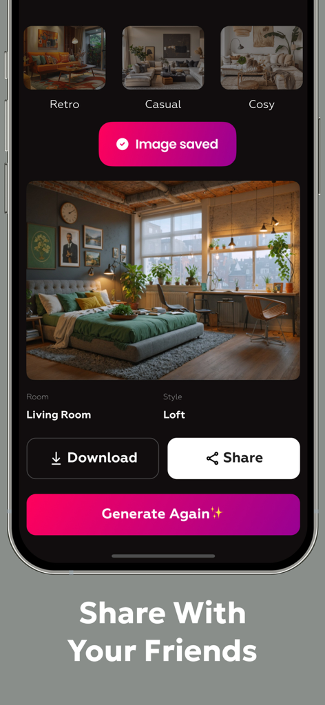AI Home Design | Rooms Planner - AI Home Design app interface showing a loft style room redesign with options to download and share with friends