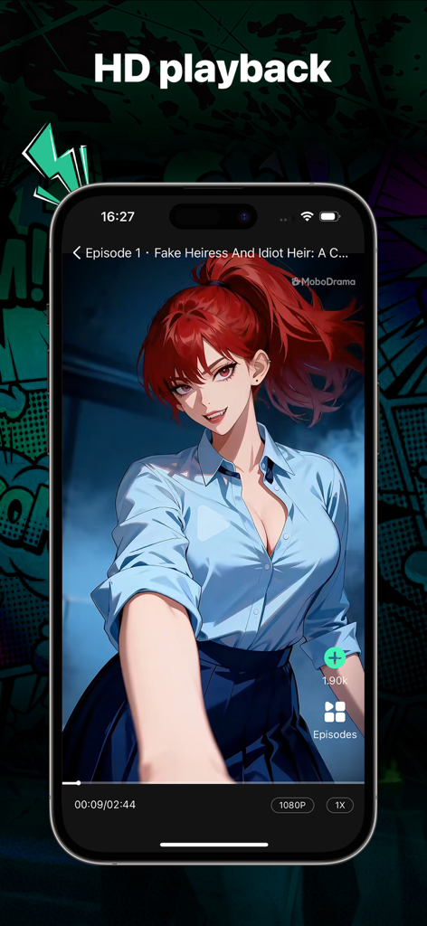 MoboDrama - AI Comic Dramas - スマートフォン画面。MoboDramaアプリで高画質のAI生成アニメドラマを表示しており、赤毛のキャラクターが登場しています。