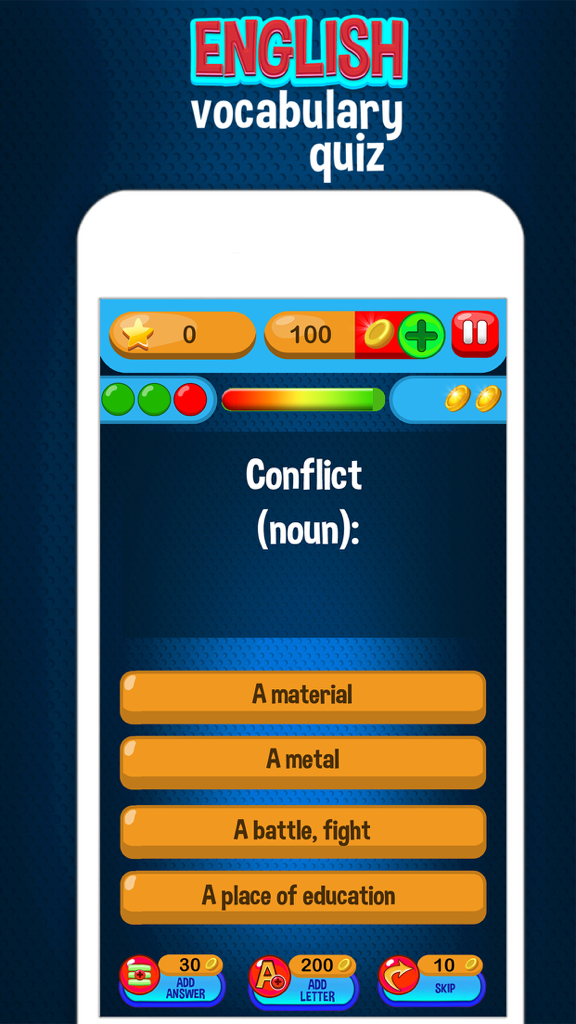English Vocabulary Quiz – Knowledge Test for Free - English vocabulary quiz screen showing a multiple choice question to define the word conflict