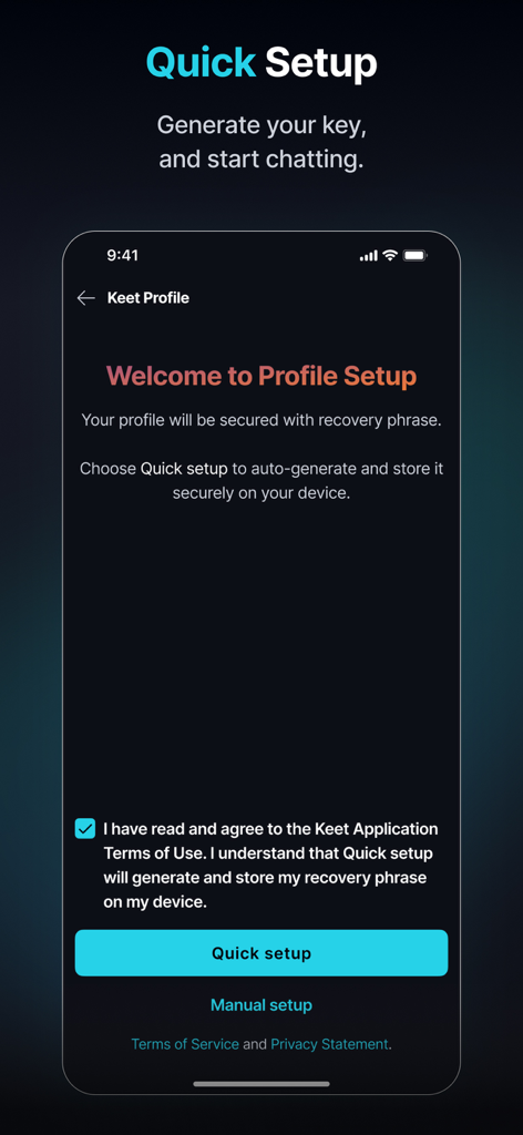 보안 복구 구문 생성을 위한 빠르고 수동 설정 옵션이 있는 Keet 앱 프로필 설정 화면