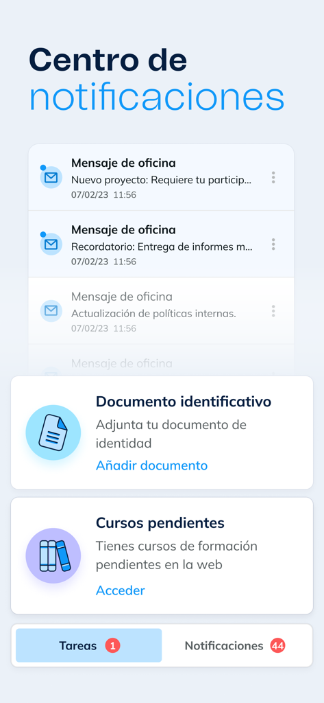 Eurofirms - Ofertas de trabajo - Notification center in the Eurofirms app displaying messages and pending tasks