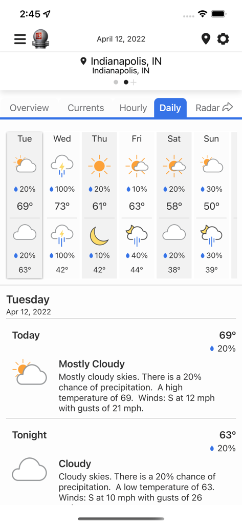 WTHR Live Doppler 13アプリのインディアナポリスの毎日の天気予報、6日間の見通しと詳細な毎日の説明を表示