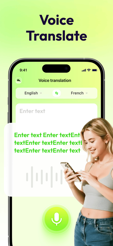 Una mujer usando la aplicación Traductor IA para traducción de voz de inglés a francés
