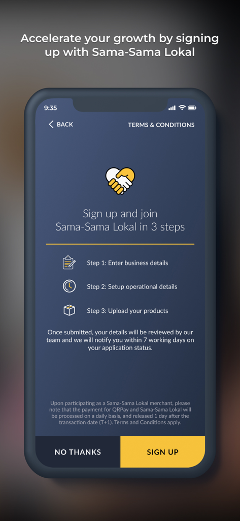 Maybank QRPayBiz app screen showing a three step signup process for Sama-Sama Lokal