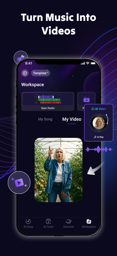 Interfaz de la aplicación Rythmix que muestra cómo convertir música en videos generados por IA dentro del espacio de trabajo