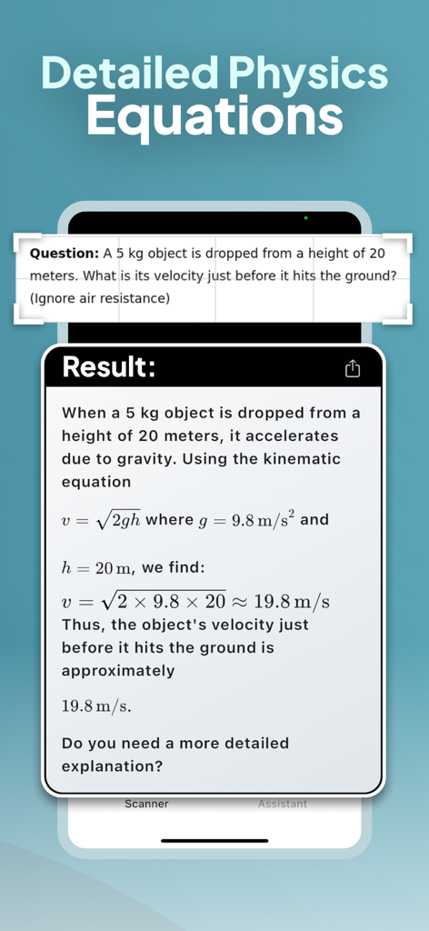 Physics Solver AI app interface showing a step-by-step solution for a velocity problem with detailed kinematic equations.