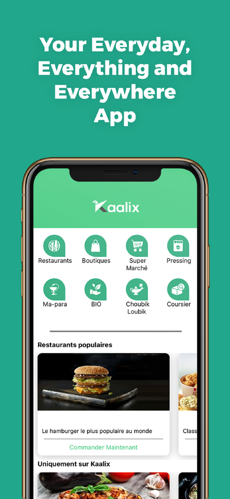 kaalix - Kaalix mobile app home screen showing delivery categories for restaurants, boutiques, supermarkets, and courier services