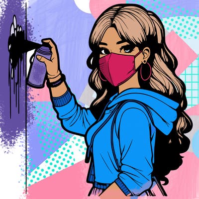 realistic girl with mask spray painting a wall