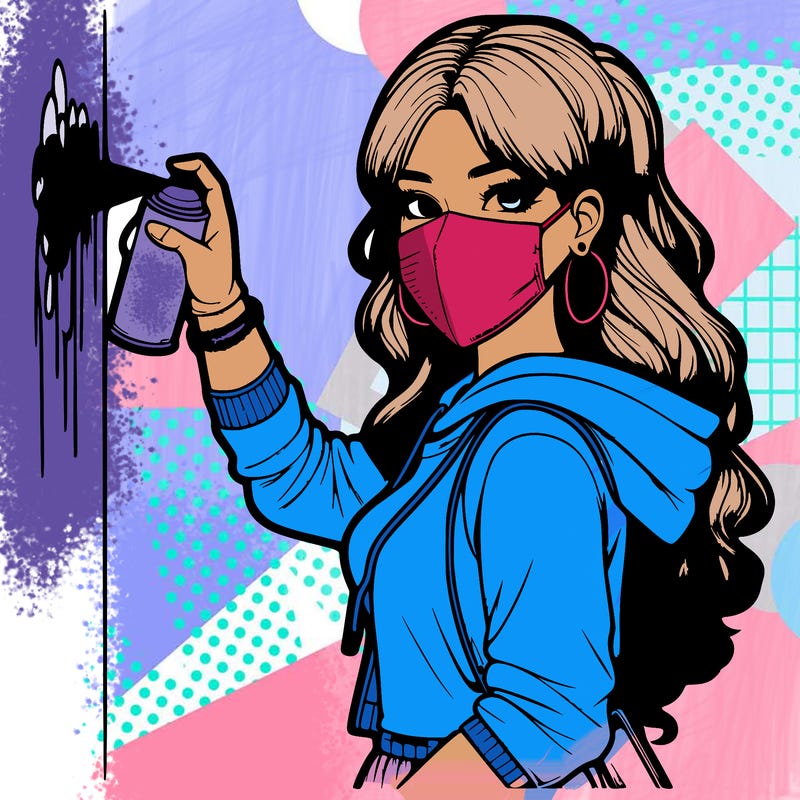 realistic girl with mask spray painting a wall