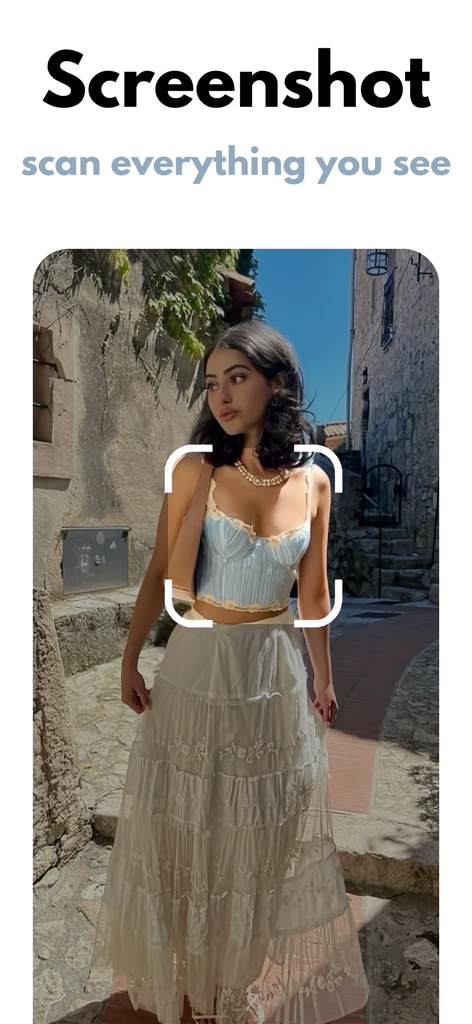 Refind app interface showing a visual search scan on a woman's corset top to find similar clothing items
