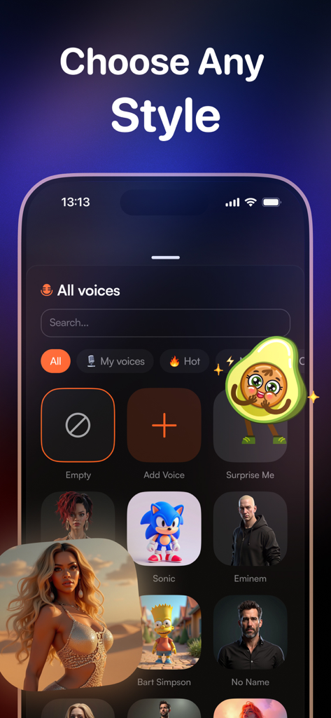 TuneCraft. AI Song Generator - The TuneCraft app interface showing a menu to choose AI voice styles featuring characters like Sonic, Bart Simpson, and Eminem.
