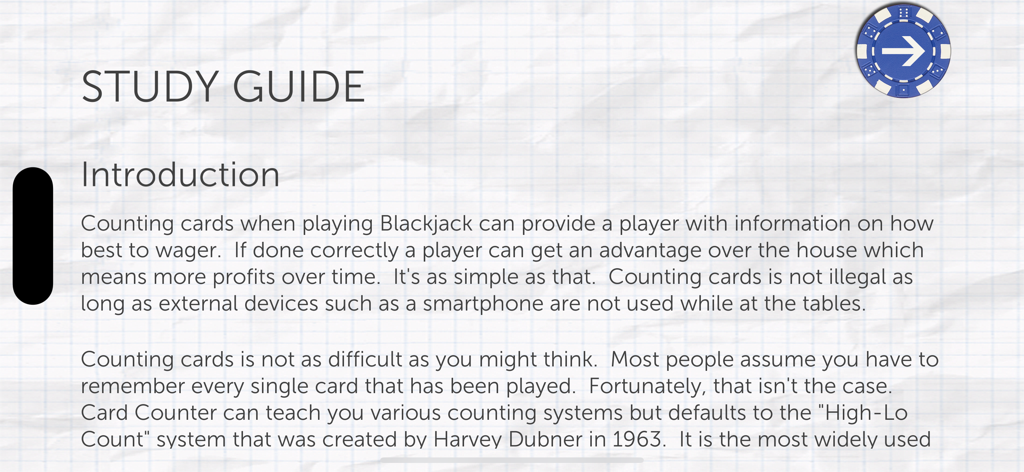 Card Counter Lite学習ガイドの紹介画面。ブラックジャックのカードカウンティングの基本を説明している。