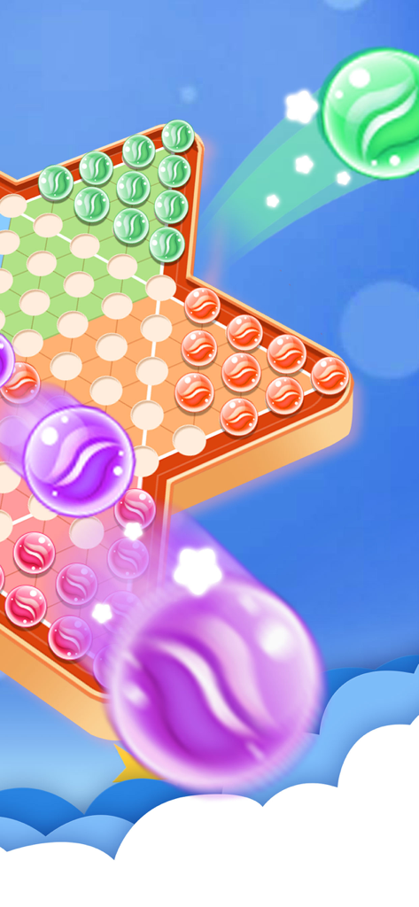 A star shaped board for Chinese Checkers with green orange and purple marbles in a mobile game app