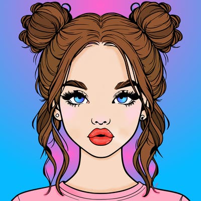 realistic girl with two buns in hair and lips