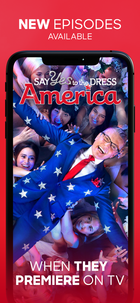 Captura de tela do aplicativo móvel TLC GO com Say Yes to the Dress America e anunciando que novos episódios estão disponíveis quando estreiam na TV.