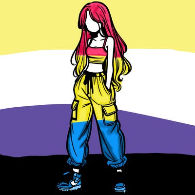 girl in baggy pants crop top and long hair