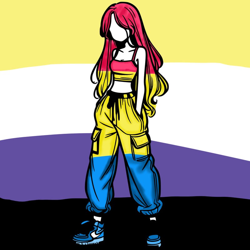 girl in baggy pants crop top and long hair