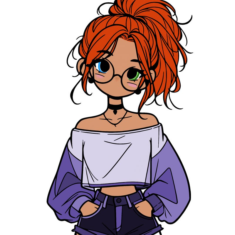 girl with a messy ponytail glasses a baggy crop top and jean shorts