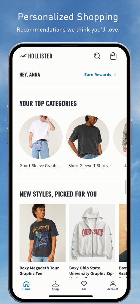 Hollister Co. app screen showing personalized shopping recommendations and top clothing categories for a user