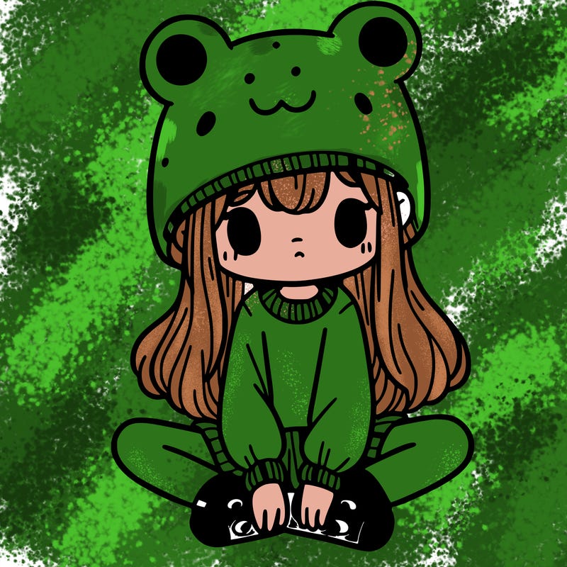 a girl wearing a frog hat and some frog socks