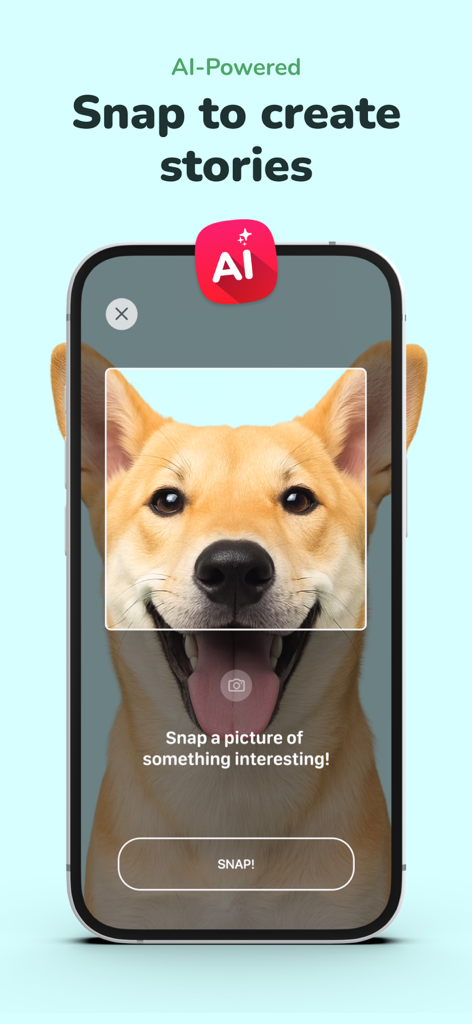 KOBI - Happy Reading - Ein Smartphone zeigt die KOBI-App-Funktion, bei der ein Hundefoto aufgenommen wird, um eine KI-gestützte Geschichte zu erstellen.