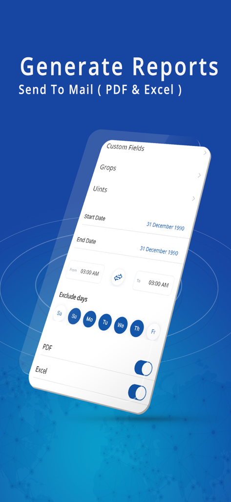 AFAQY AVL - Report generation screen in the AFAQY AVL app showing options for PDF and Excel exports.