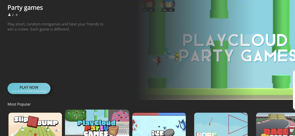 PlayCloud - Gaming console - PlayCloud app menu showing a selection of multiplayer party games for up to eight players.
