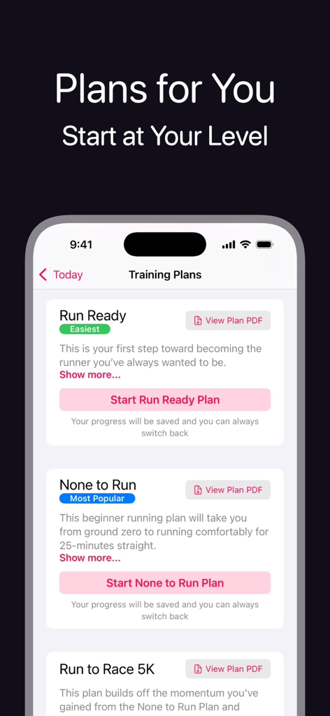 None to Run: Beginner, 5K, 10K - Mobile app screen showing a list of beginner running plans like Run Ready and None to Run.