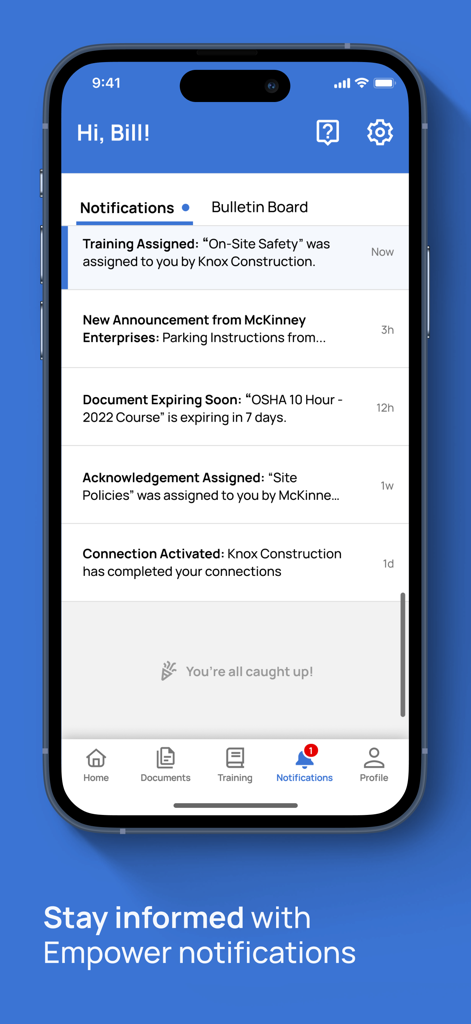 A mobile app screenshot of the Empower by ISN notifications page showing training assignments and safety document alerts.