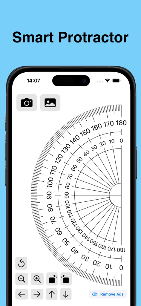 Smart Protractor - Interfaz de usuario de la aplicación Smart Protractor que muestra un transportador digital de 180 grados y controles de medición en la pantalla de un iPhone.