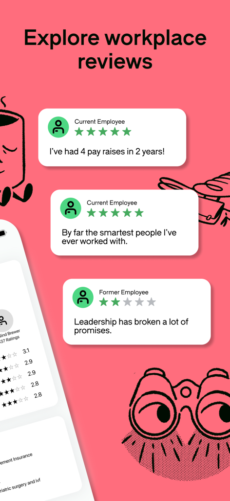 Glassdoor app screen displaying anonymous employee reviews and company ratings with star ratings