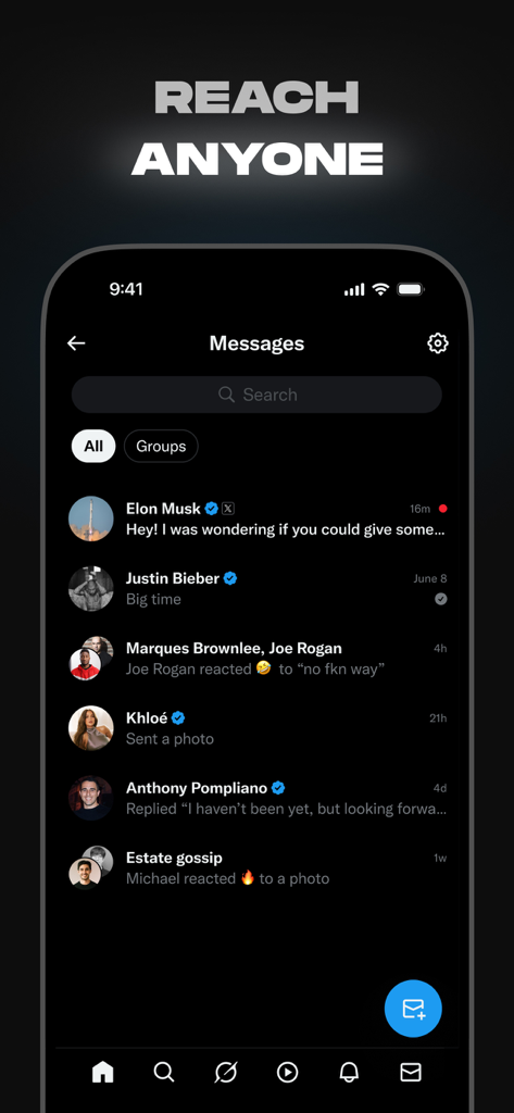 X mobile app messages interface showing direct conversations with public figures and celebrities