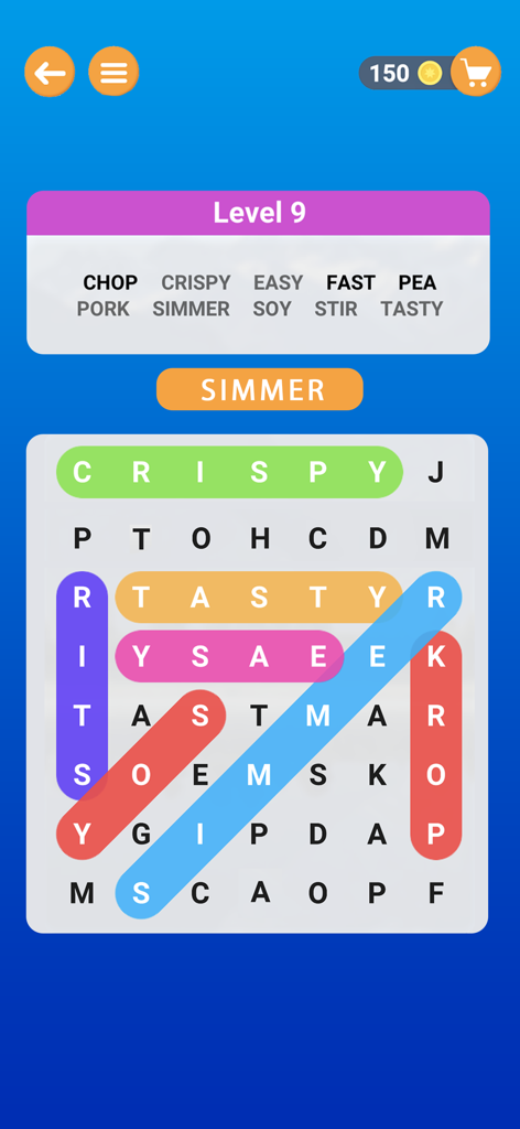 A word search puzzle grid with colorful highlights on found words in the Words Search mobile game.