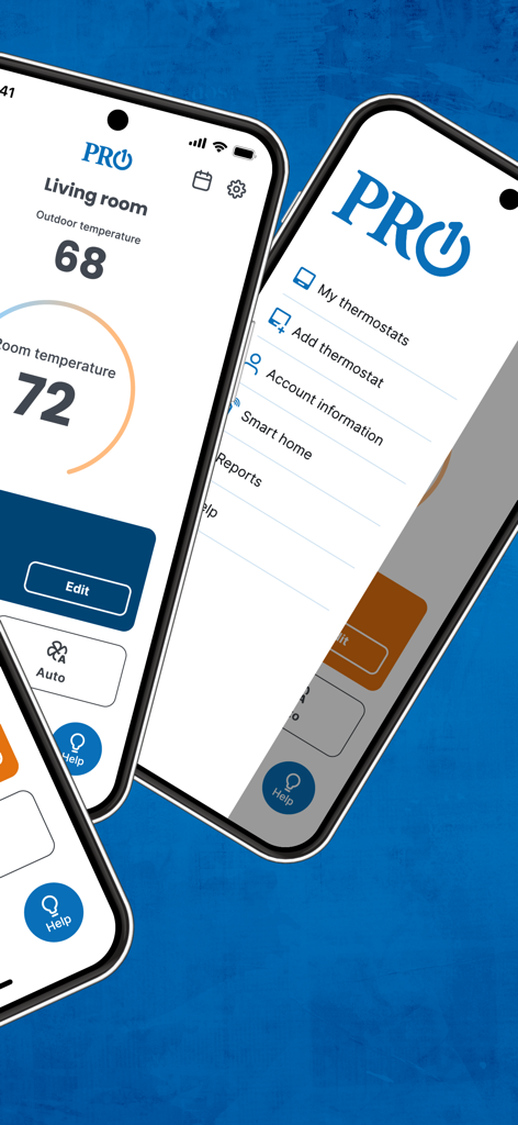 PRO1 Connect - Smartphone screens displaying the PRO1 Connect app interface for home thermostat and HVAC control.